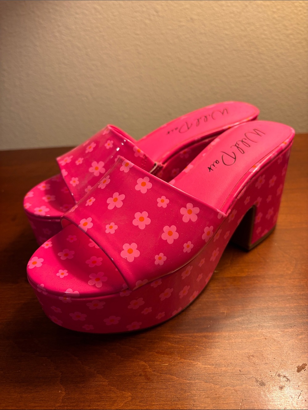 Wild Pair Hot Pink Floral Platform Wedge Slides